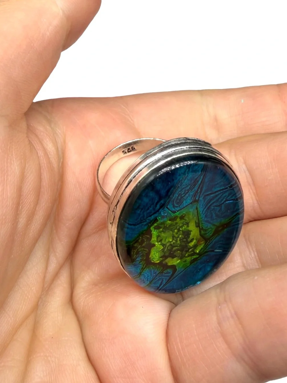 Dichroic Glass Ring Size 8 925 Sterling Silver Overlay Blue Green